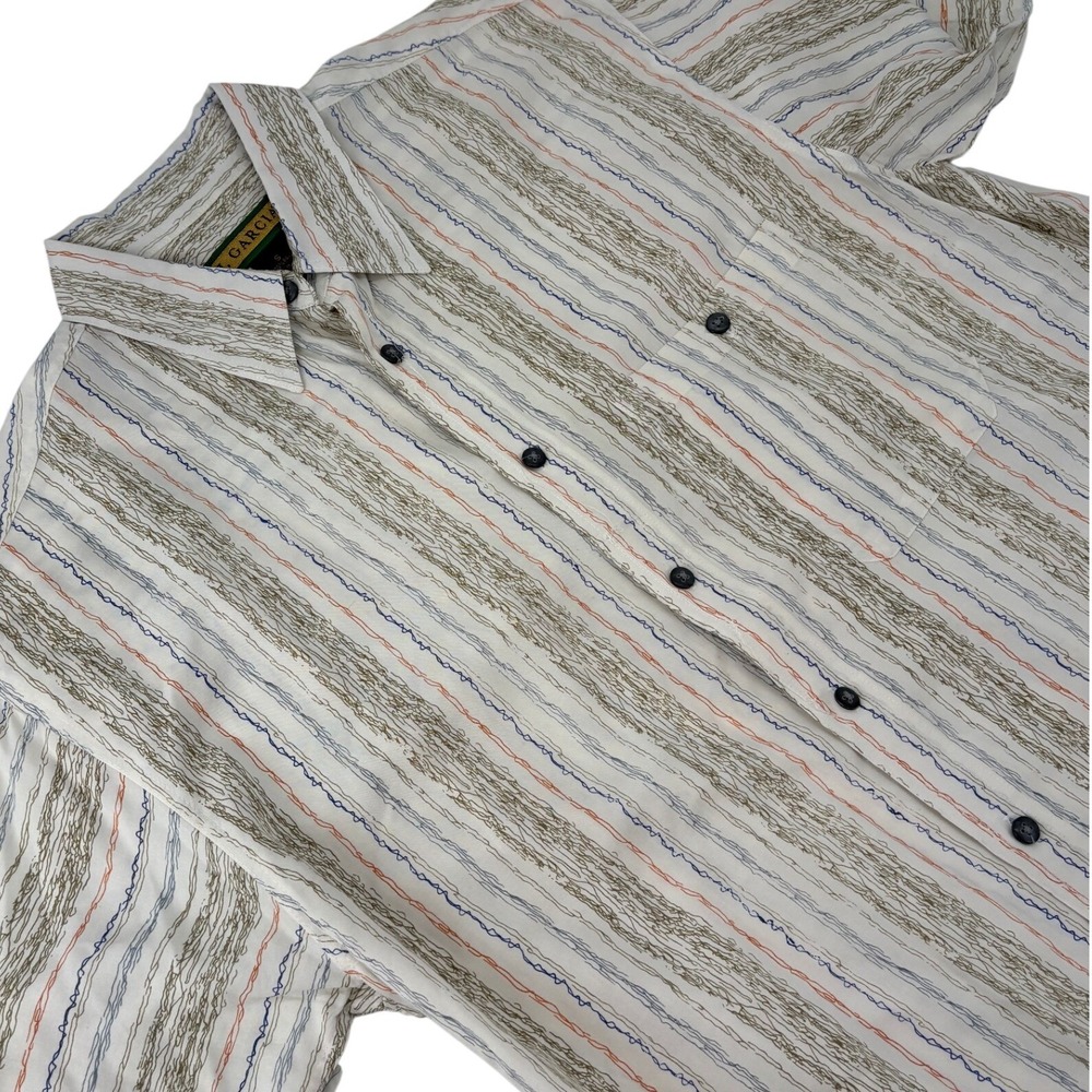 J. Garcia Abstract Stripe Rayon‎ Button Up Shirt Small White Mens Short Sleeve